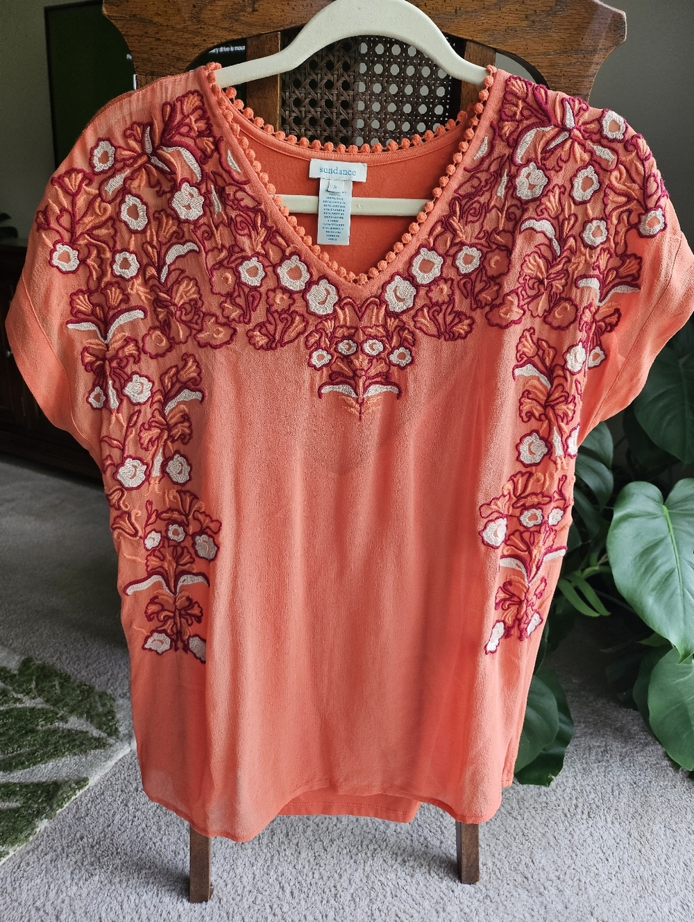 Sundance Coral Embroidered Silk Blouse